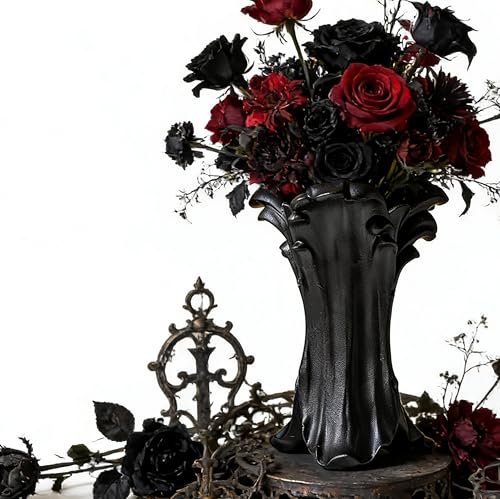 ZgdLScyF Vintage Gothic Ceramic Vase, 8.74×6.46×5.63inches, Matte Black Flower Vase for Red & Black Roses,Dark Academia Wi...