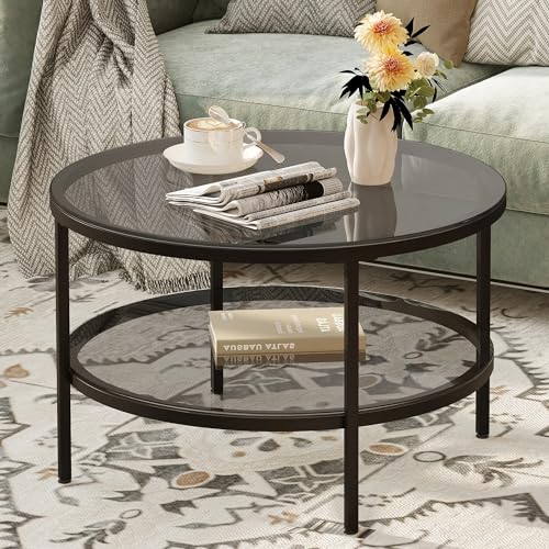 Yusong Round Glass Coffee Tables for Living Room, 2-Tier Circle Coffee Table with Storage, 26" Modern Center Accent Table ...