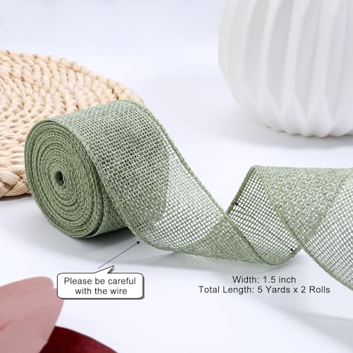 Hiswan Burlap Wired Ribbon 1.5 inch Wide 10 Yards Sage Green Burlap Rustic Jute Ribbons for Crafts Wreath,Weeding, Christm...
