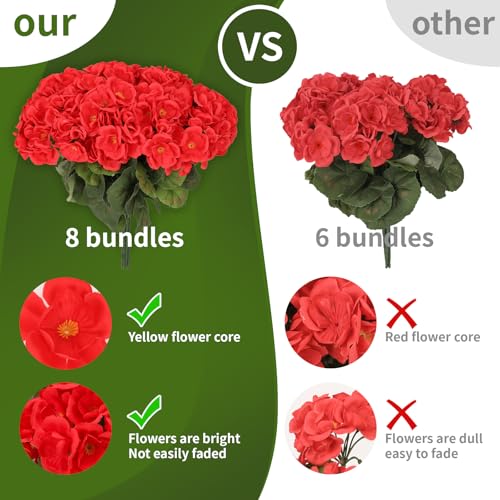 NESCCI 8 Pack Artificial Geranium Flowers for Outdoors UV Resistant Artificial Flowers Silk Geranium Fake Flowers Faux Flo...