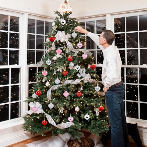 36Pcs Valentines Heart Shaped Ornaments - Valentines Heart Decorations - Red Pink Silver Glitter Heart Shaped Baubles - Ro...