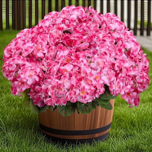 BSMYBO 6PCS Artificial Geraniums Outdoor Flowers, Faux Pink Geraniums Artificial Flowers Plants Outdoor UV Resistant Plant...