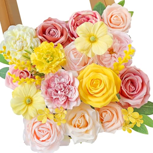 Serwalin Artificial Flowers,Pink Yellow Silk Fake Flowers Box for DIY Wedding Bridal Bouquet, Wedding Cake Flowers for Tab...