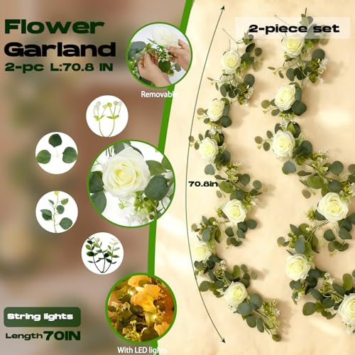 Solivya 2 Pack 5.9 FT Artificial Flower Garland with Lights, Fake Floral Garland with 12 White Roses, White Flower Decorat...
