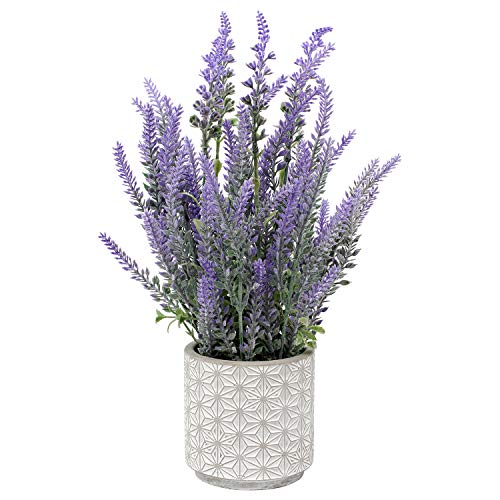 DILATATA Lavender Flowers Artificial Decor in Cement Pot - Faux Plants for Rustic Home, Bathroom, Table Centerpieces, Wedd...