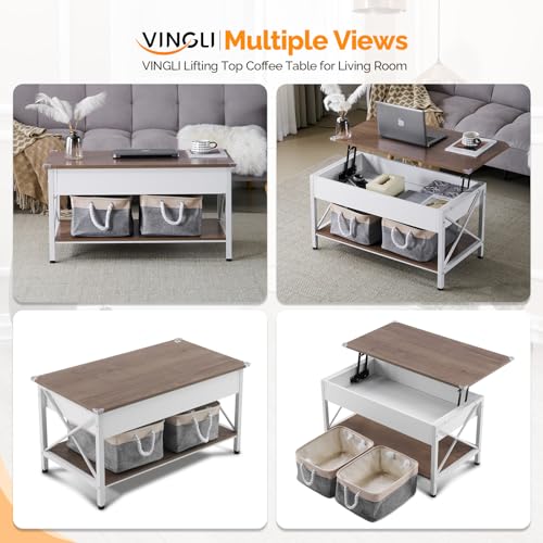 VINGLI 36" Lift Top Coffee Table with Free Cloth Storage Bins, White Walnut Framhouse Coffee Tables for Living Room, Small...