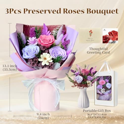 Cyrabota Purple Preserved Roses Bouquet with Vase - Real Forever Roses (Last 1-3 Yrs), Preserved Flowers Bouquet Christmas...