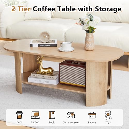 MAHYIZYI Oval Coffee Table for Living Room, 43.3” Farmhouse Coffee Tables with Storage, 2-Tier Wood Center Table with Stor...