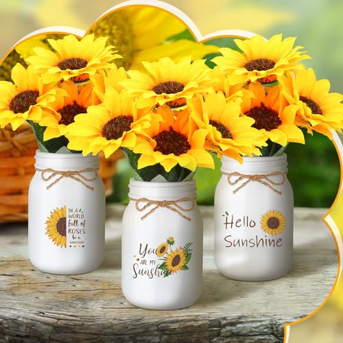 Ziliny Artificial Sunflower Decor Set of 3 Sunflower Table Centerpiece with Mason Jar Fake Flowers for Farmhouse Kitchen D...