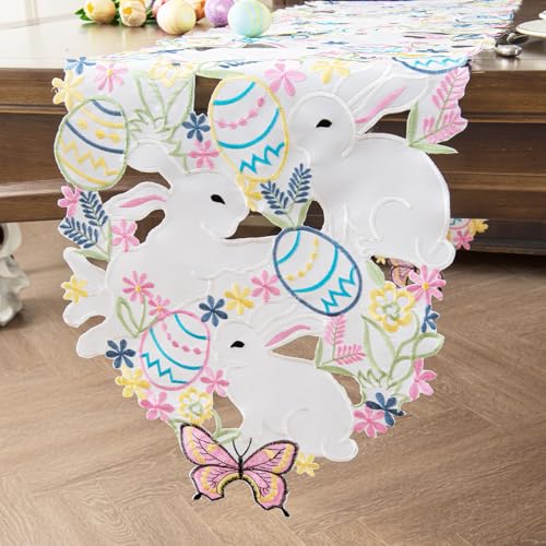 Joyfol Day Easter Bunnys Table Runner, Cutwork Embroidered Floral Eggs Butterfly Table Runners, Colorful Flower Dresser Sc...