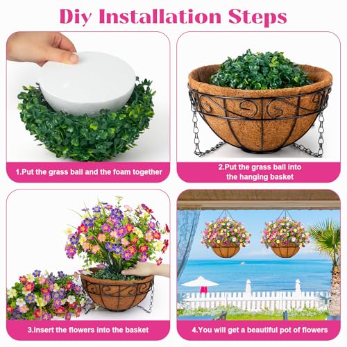 Ouddy Decor Artificial Hanging Flowers with Basket, Faux Silk Flowers in Coconut Lining Basket, Spring Summer Outdoor Deco...