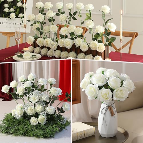 Luyue 40PCS White Roses Artificial Flowers - Long Stem Fake Roses Bouquet Silk White Flowers Artificial Rose for Wedding C...