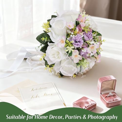 Qeedy Wedding Bouquet for Bride – 8 Inch Artificial Silk Roses, Realistic Bridal & Bridesmaid Bouquet for Ceremony, Churc...