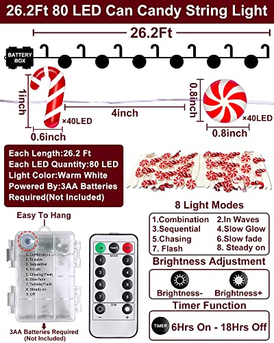 26.2 Ft 80 LED Christmas String Lights Decoration Candy Cane Candy Fairy Lights Timer 8 Modes Remote Control Battery Opera...