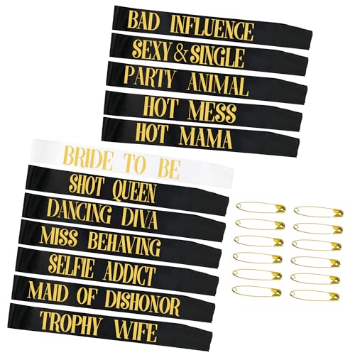 Snsowed 12 Pack- Bachelorette Party Bride To Be Sash- Unique Bride Bridesmaid Sashes for Bachelorette Party (Black, Rose G...