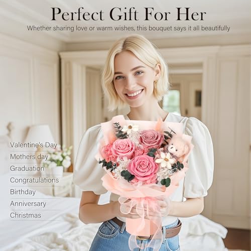 Preserved Flowers Bouquet with Bear, 3 Real Forever Flowers for Delivery, Long-Lasting Pink Eteranl Roses Bouquet, Anniver...