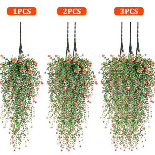 Artificial Hanging Flowers, 3 Pcs Fake Hanging Plants Decor, Artificial Vines for Outdoors, UV Resistant No Fade Artificia...