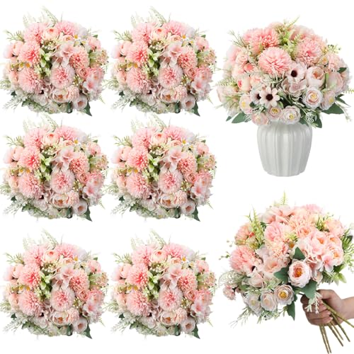 Tigeen 6 Bundles Artificial Bouquet Flowers Artificial Peonies Faux Roses Silk Flowers Hydrangea Bouquet for Wedding Table...