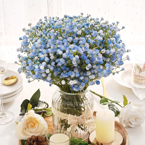 Elyum Babys Breath Artificial Flowers, 12 Pcs Long Stem Baby Breath Flowers Artificial Bulk, Real Touch Blue Fake Babys Br...