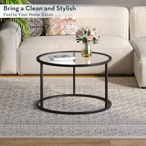 SAYGOER Small Glass Coffee Table Round Coffee Tables 27.6In Modern Tempered Glass-Top Accent Center Table for Living Room ...