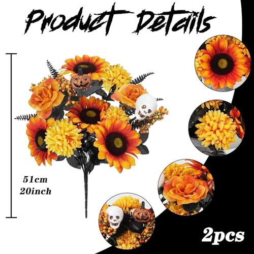 NAHUAA 2Pcs Fall Flowers Artificial Halloween Flowers 20Inch Fake Sunflowers with Silk Marigold Roses Skulls Decor for Hal...