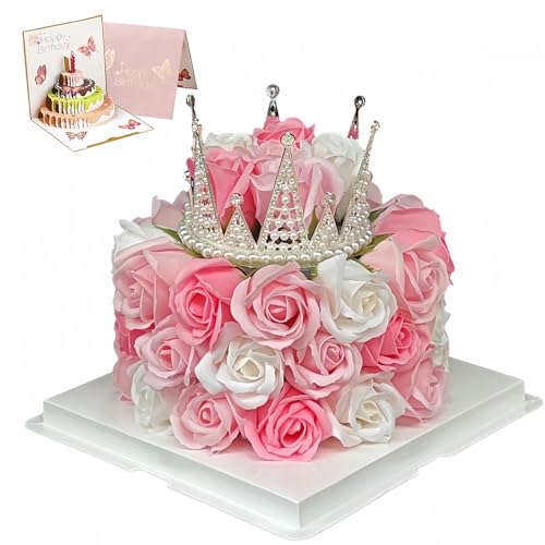 EIGHTOWN Forever Cake with Pink Preserved Flowers - Bouquet Preserved Roses for Women - Birthday Gift for Her with Crown (...