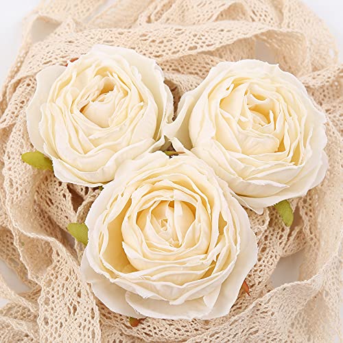 IPOPU White Roses Artificial Flowers Heads Bulk, 25pcs Vintage Dried Flowers Artificial Rose Heads Silk Fake Rose for Wedd...