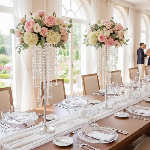 29.5" Tall Flower Stands for Wedding Centerpieces, Set of 10 Silver Metal Flower Candle Holders, Elegant Vases with Chande...