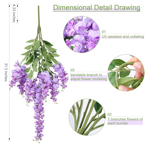 HyeFlora Artificial Hanging Flowers Spring Fake Flower for Vase, 2Pcs Light Purple Silk Wisteria UV & Fading Resistant Fau...