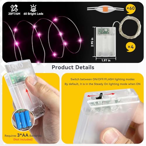 LitHome 4 Pack Valentine's Day Pink Fairy Lights Battery Operated, 20 FT 60 LED Valentines Lights Battery Operated 2 Modes...