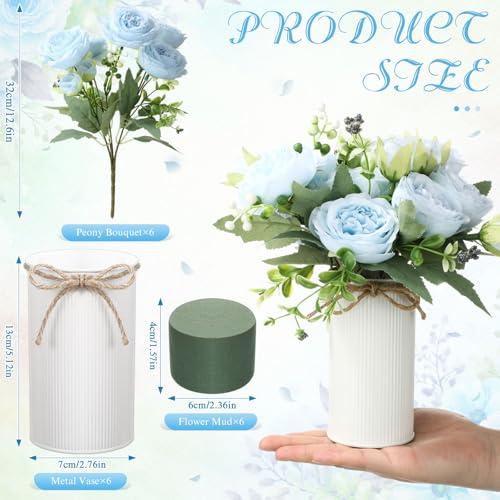 Domensi 6 Sets Wedding Floral Centerpiece for Table Decor, Artificial Peonies Silk Flowers Bouquet with Flower Foam and Me...