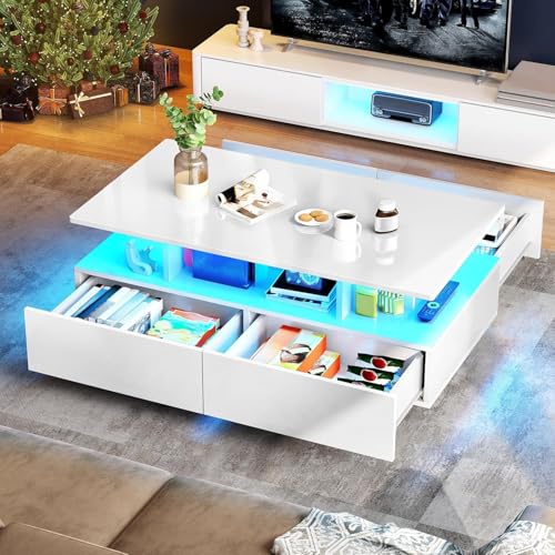 YITAHOME LED Coffee Tables for Living Room, High Glossy Coffee Table with Storage 4 Sliding Drawers, Small Rectangular LED...
