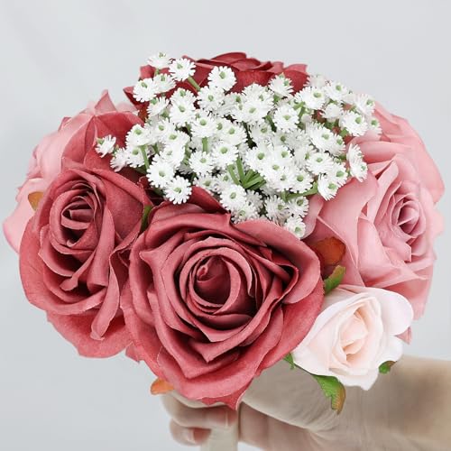 DIYDOFUN Wedding Bridesmaid Bouquets Set of 6, Artificial Silk Flowers Arrangement for Ceremony Marriage Proposal Party An...