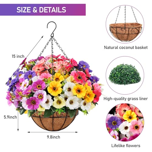 Ouddy Decor Artificial Hanging Flowers with Basket, Fake Silk Hanging Flowers in Coconut Lining Basket Faux Hanging Plants...