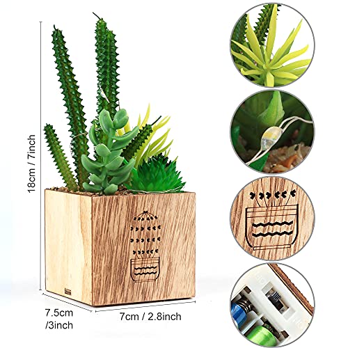 BEGONDIS Set of 3 Artificial Succulents with Led Lights in Wooden Box, Artificial Plants Plastic Fake Topiary for Home/Off...