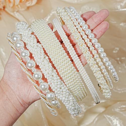 VASTRISE 8 Pcs Pearl Headbands for Women Non-Slip Shining White Faux Pearls Hairband Hair Accessories Hair Hoop Headband