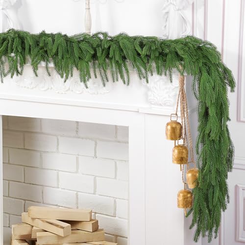 Hananona 2 Pcs 6 Ft Artificial Norfolk Pine Garlands, Real Touch Winter Pine Garland, Green Artificial Greenery Garland fo...