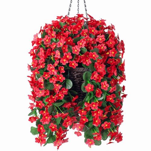 MJFloria Artificial Hanging Flowers with Baskets for Winter Christmas Decor, Fake Silk Red Hanging Daisy Orchid Flowers Pl...