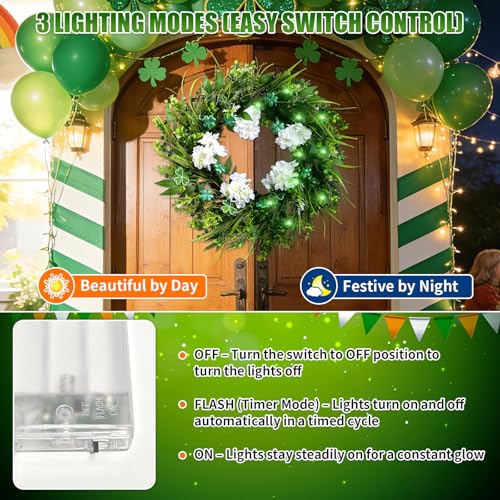 22" St. Patrick’s Day Wreath for Front Door, Green Shamrock & White Hydrangea Artificial Wreaths with LED Lights, Spring H...