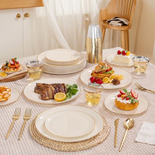 bUCLA 150PCS Ivory Plastic Plates with Gold Trim - Heavy Duty Cream Plastic Disposable for Party & Wedding - Include 25 Ea...