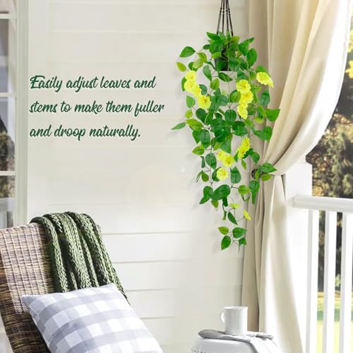 LOYWREE Artificial Hanging Flowers Plants Fake Potted Long Ivy Vine Plant Faux Pothos with Hanging Morning Glory Flowers f...
