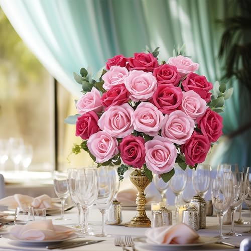 Pyopbow 20PCS Artificial Roses with Long Stems - Realistic Silk Flowers, Fake Roses Real Touch Bouquet Roses for Valentin...