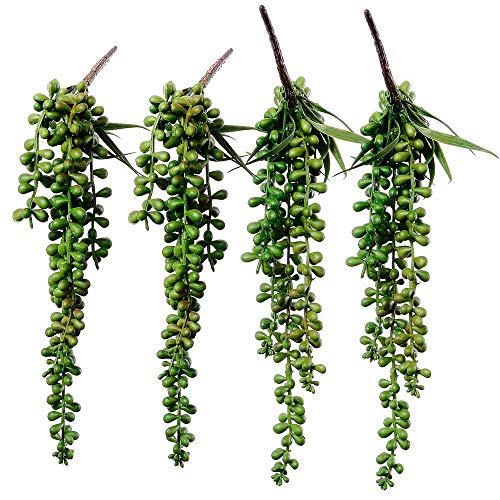 4 pcs Artificial Hanging Succulents Faux Burro's Tail Picks Trailing String of Pearls Succulent Fake Greenery Sprays 13.4"...
