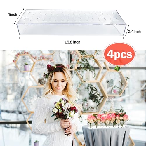 4 Pack Clear Acrylic Flower Vase Centerpiece for Dining Table,63.2 Inch Rectangular Floral Low Vases with 64 Holes for Din...