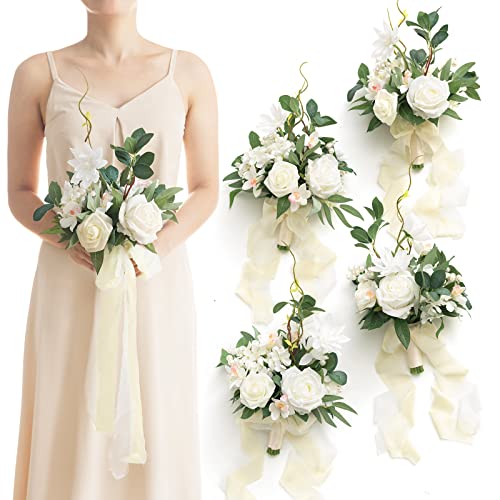 Ling's moment Artificial Bridesmaid Bouquets Set of 4,White Wedding Flower Bouquets Sage Floral Bouquet Bridal Bouquets wi...