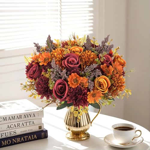 Dremisland Artificial Flowers Like Real Artificial Bouquet 2 Packs Silk Artificial Roses Bouquet with Daisy Chrysanthemum ...