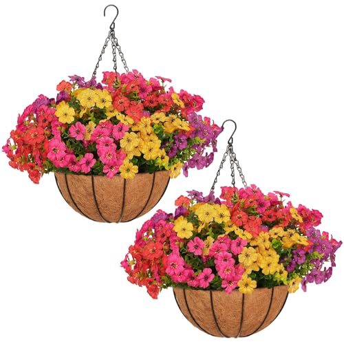 secqous 2 Set Artificial Hanging Flowers with Basket for Outdoor Spring Summer Decor - 24 Pcs Realistic UV-Resistant Silk ...