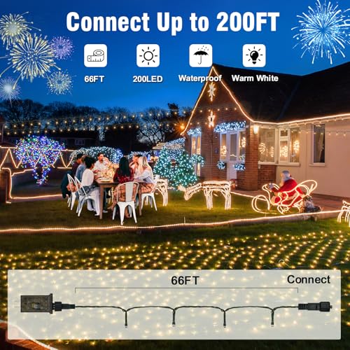 Nisocy 200 LED Christmas Connectable String Lights Outdoor Waterproof – Warm White Fairy Lights with Plug, Tree Lights for...