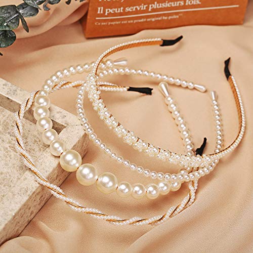 BEAYFILY 4 Pack Pearls Fashion Headbands,White Artificial Pearl Rhinestones Hairbands,Bridal Hair Hoop Party Wedding Hair ...