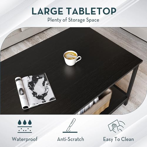 SAYGOER Black Coffee Table for Living Room Modern Rectangle 2-Tier Coffee Tables with Storage Industrial Wood Center Table...